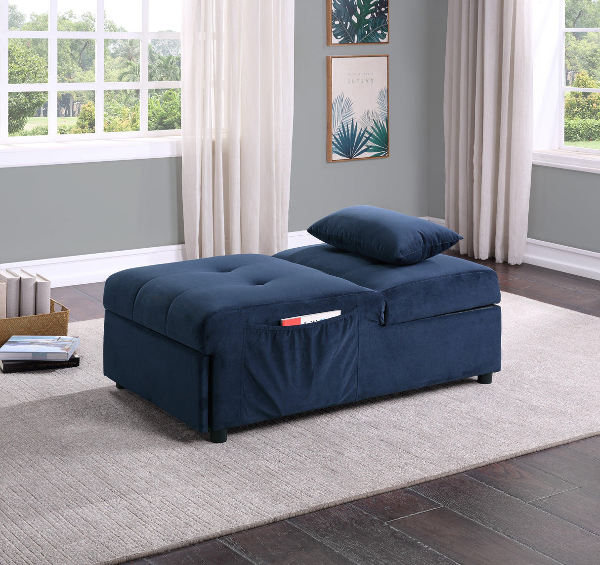 Garrell Blue Velvet Lift Top Storage Bench with Pull-out Bed by Homelegance at Eve Furniture