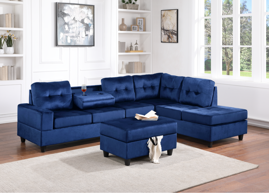 Heights Blue Velvet Reversible Sectional with Storage Ottoman