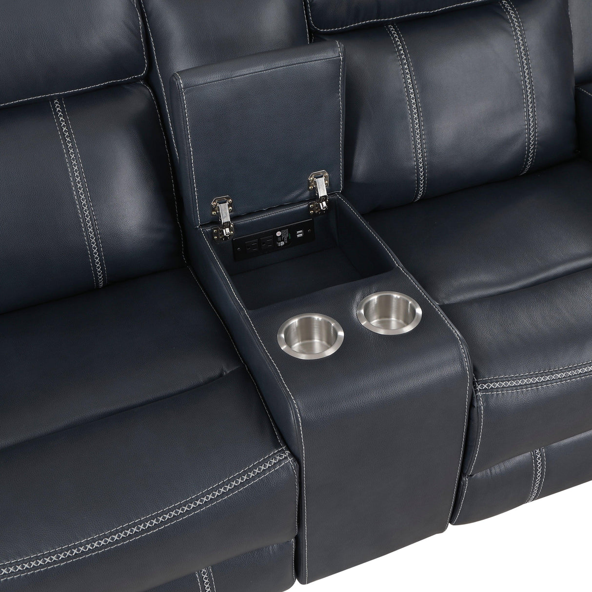 Littleton Blue Double Reclining Loveseat with Center Console, Receptacles and USB Ports by Homelegance at Eve Furniture