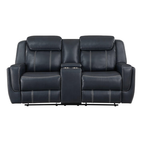 Littleton Blue Double Reclining Loveseat with Center Console, Receptacles and USB Ports by Homelegance at Eve Furniture