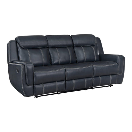 Littleton Blue Double Reclining Sofa with Center Drop-Down Cup Holders, Magazine bag, Receptacles and USB Ports by Homelegance at Eve Furniture
