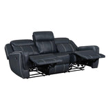 Littleton Blue Double Reclining Sofa with Center Drop-Down Cup Holders, Magazine bag, Receptacles and USB Ports by Homelegance at Eve Furniture