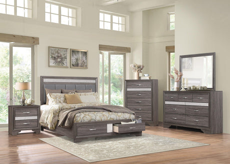 Luster Gray Upholstered Storage Platform Bedroom Set by Homelegance at Eve Furniture