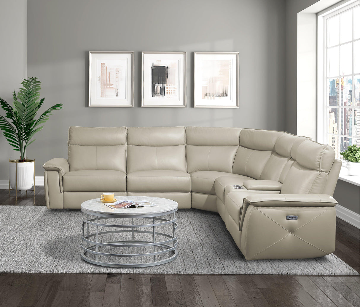 Maroni Taupe Leather 6-Piece Modular Power Reclining Sectional by Homelegance at Eve Furniture