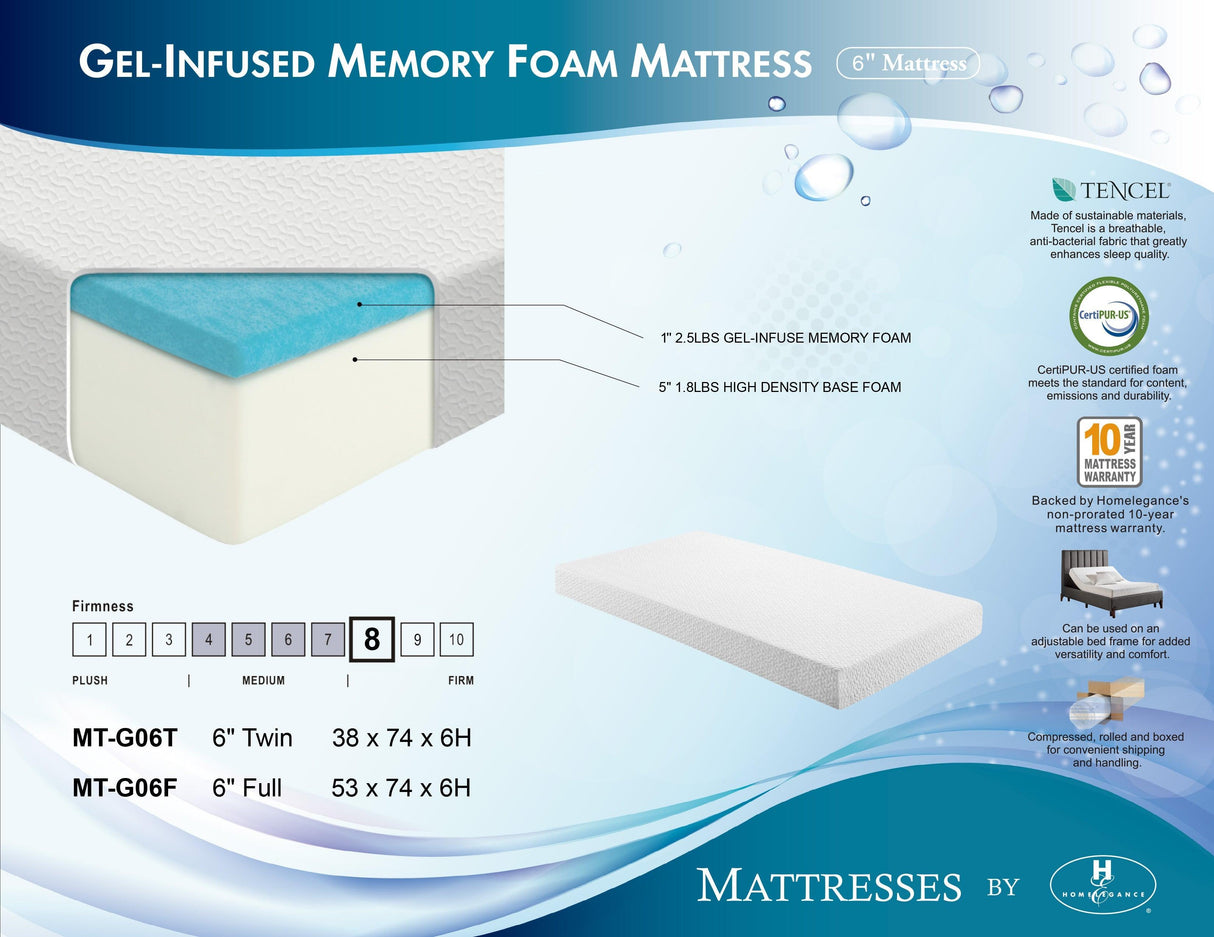 MT-G06F 6" Full Gel-Infused Memory Foam Mattress by Homelegance at Eve Furniture