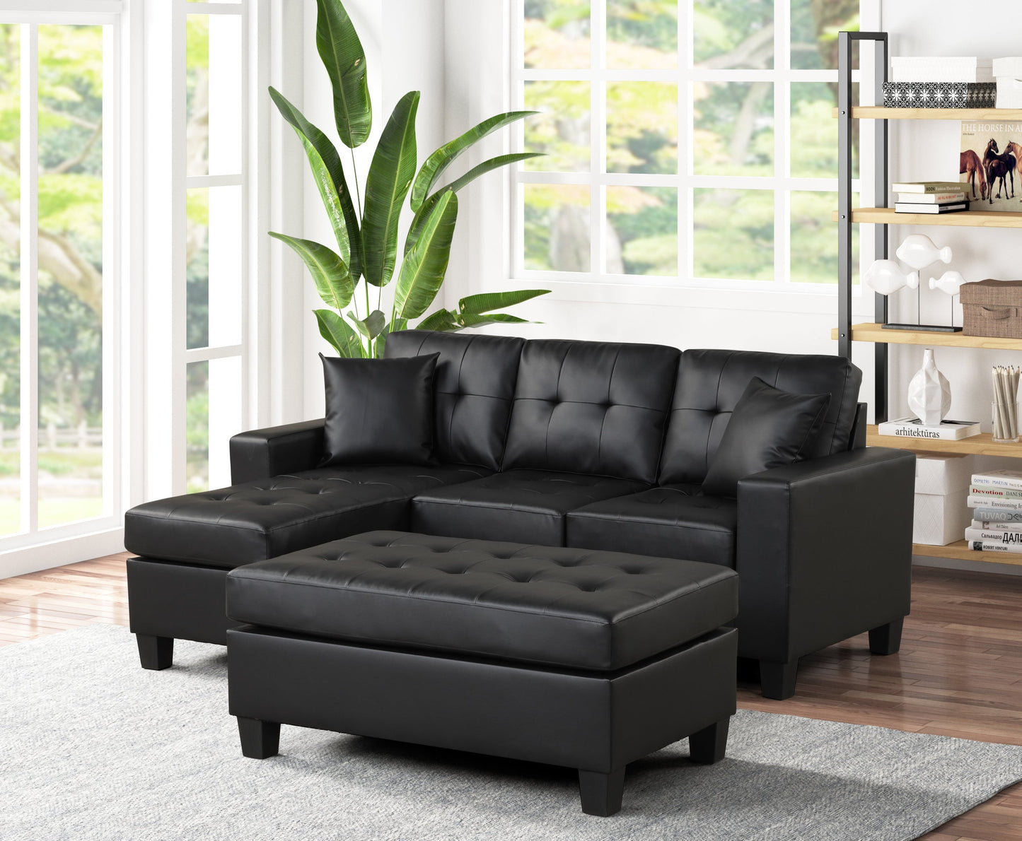 Naomi Black PU Reversible Sectional with Ottoman