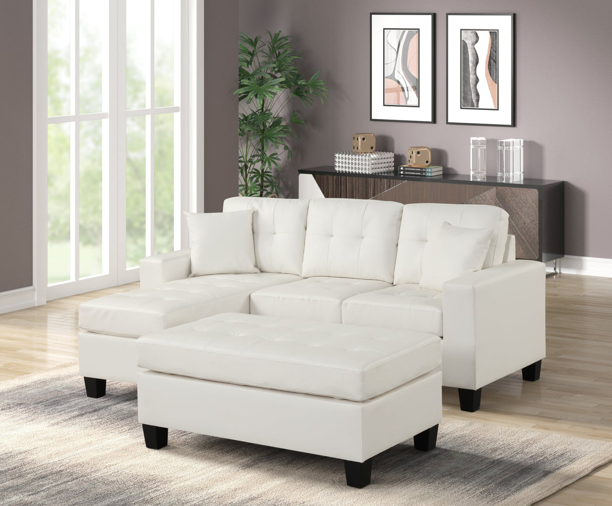 Naomi White PU Reversible Sectional with Ottoman