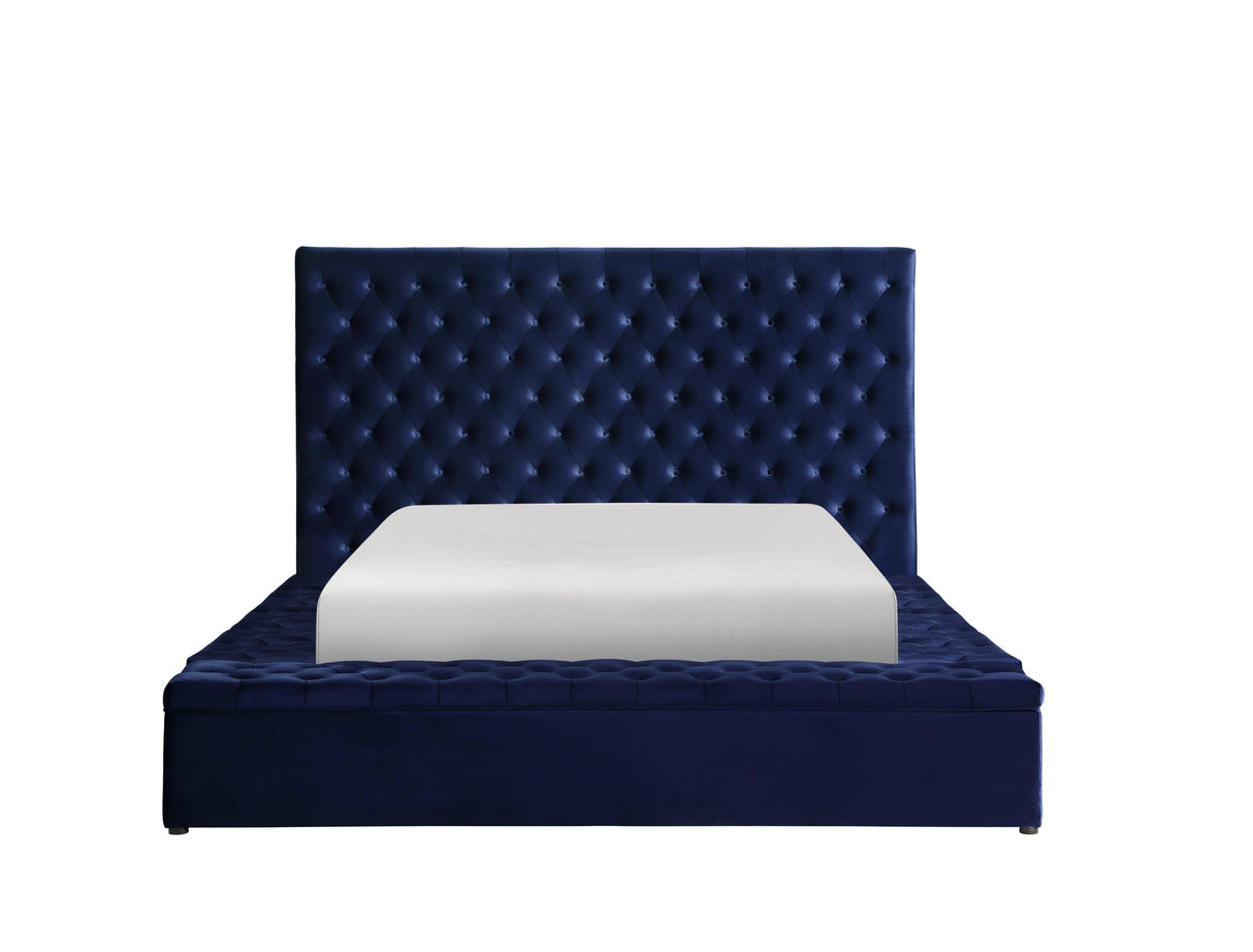 Prague Blue Velvet King Upholstered Storage Platform Bed by Homelegance at Eve Furniture
