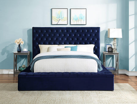 Prague Blue Velvet King Upholstered Storage Platform Bed by Homelegance at Eve Furniture