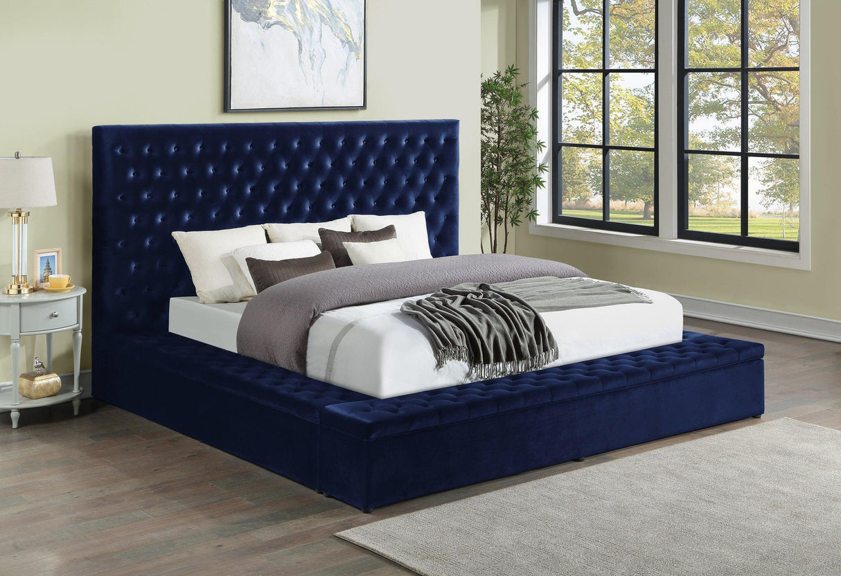 Prague Blue Velvet Queen Upholstered Storage Platform Bed by Homelegance at Eve Furniture