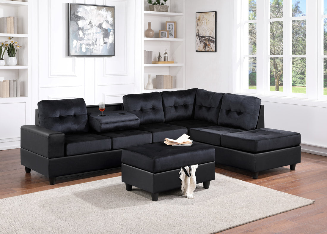 Heights Black/Black Reversible Sectional with Storage Ottoman