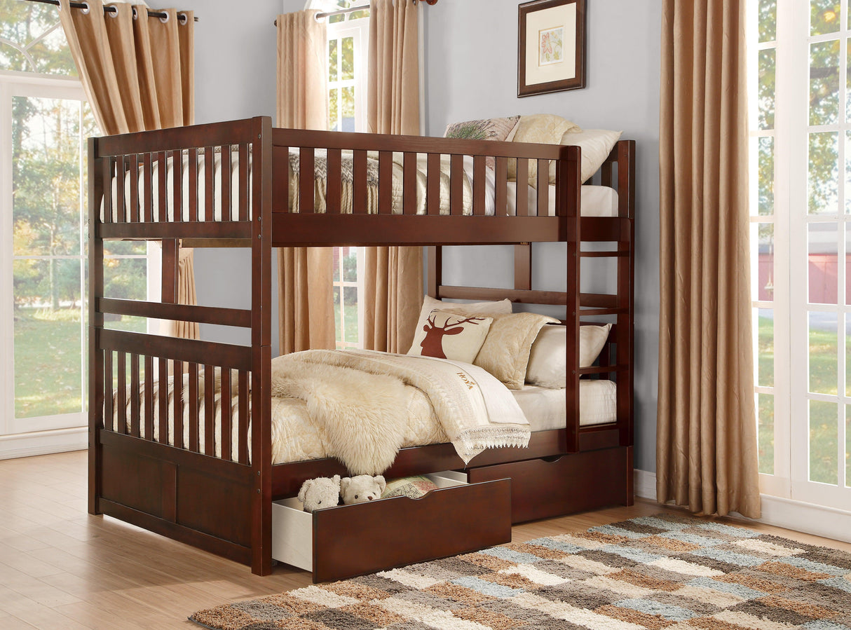 Rowe Dark Cherry Full/Full Bunk Bed with Storage Boxes by Homelegance at Eve Furniture