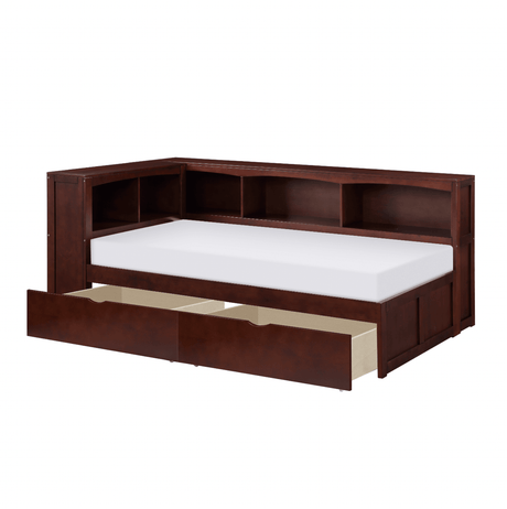 Rowe Dark Cherry Twin Bookcase Corner Bed with Storage Boxes by Homelegance at Eve Furniture
