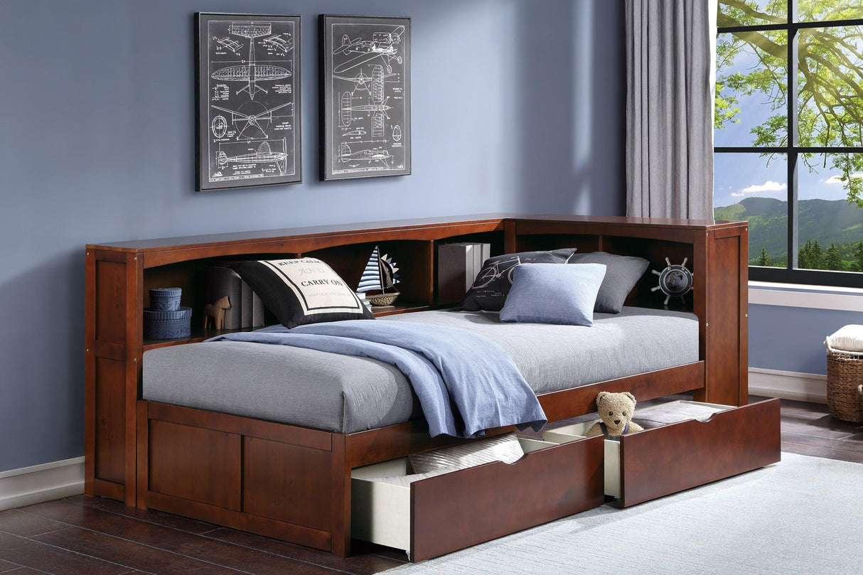 Rowe Dark Cherry Twin Bookcase Corner Bed with Storage Boxes by Homelegance at Eve Furniture