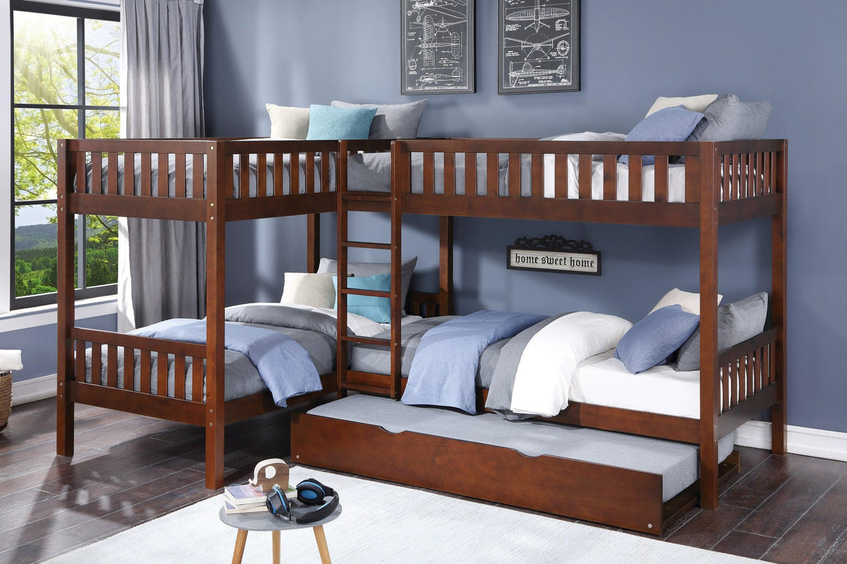 Rowe Dark Cherry Twin Corner Bunk Bed with Twin Trundle by Homelegance at Eve Furniture