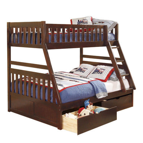 Rowe Dark Cherry Twin/Full Bunk Bed with Storage Boxes by Homelegance at Eve Furniture