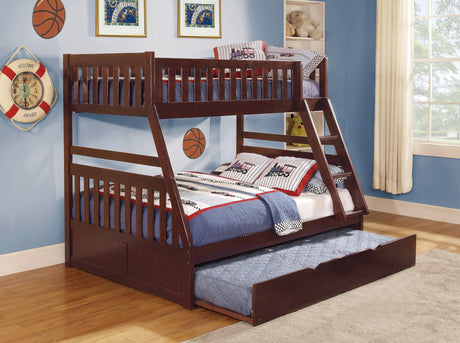 Rowe Dark Cherry Twin/Full Bunk Bed with Twin Trundle by Homelegance at Eve Furniture