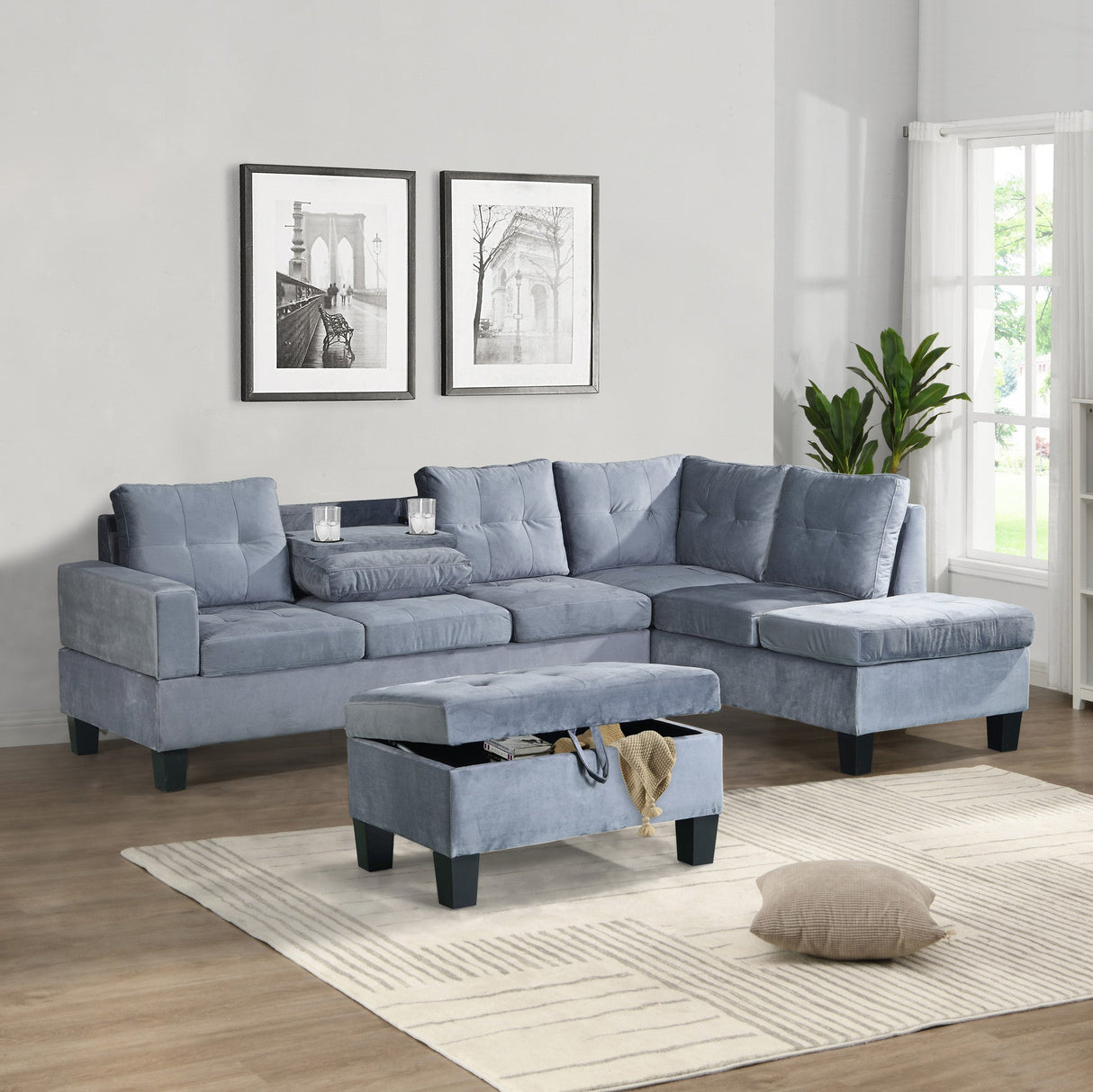 Allen Parkway Gray Velvet Sectional with Storage Ottoman - Eve Furniture