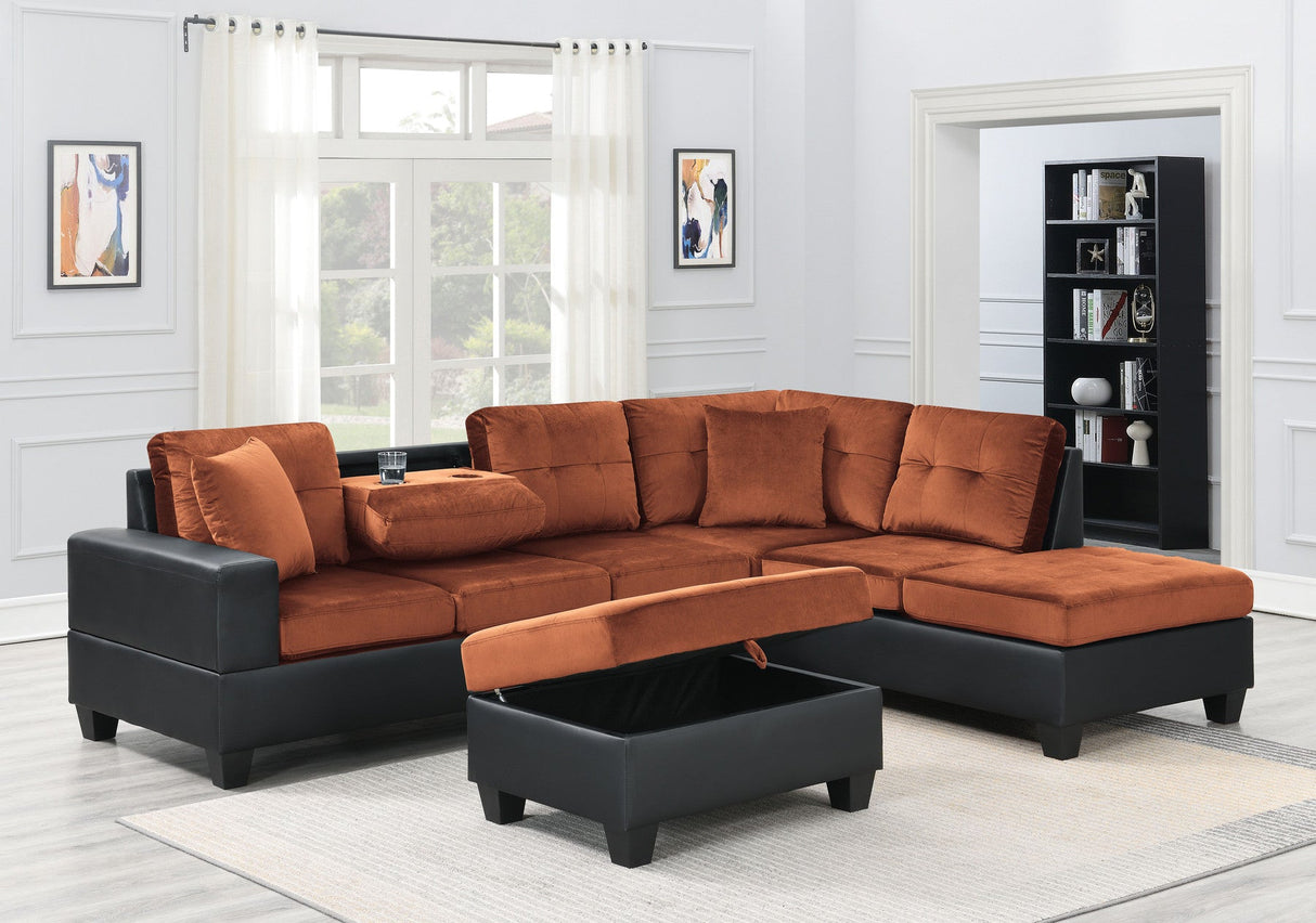Grand Parkway Velvet Light Brown/Black Reversible Sectional with Storage Ottoman - Eve Furniture