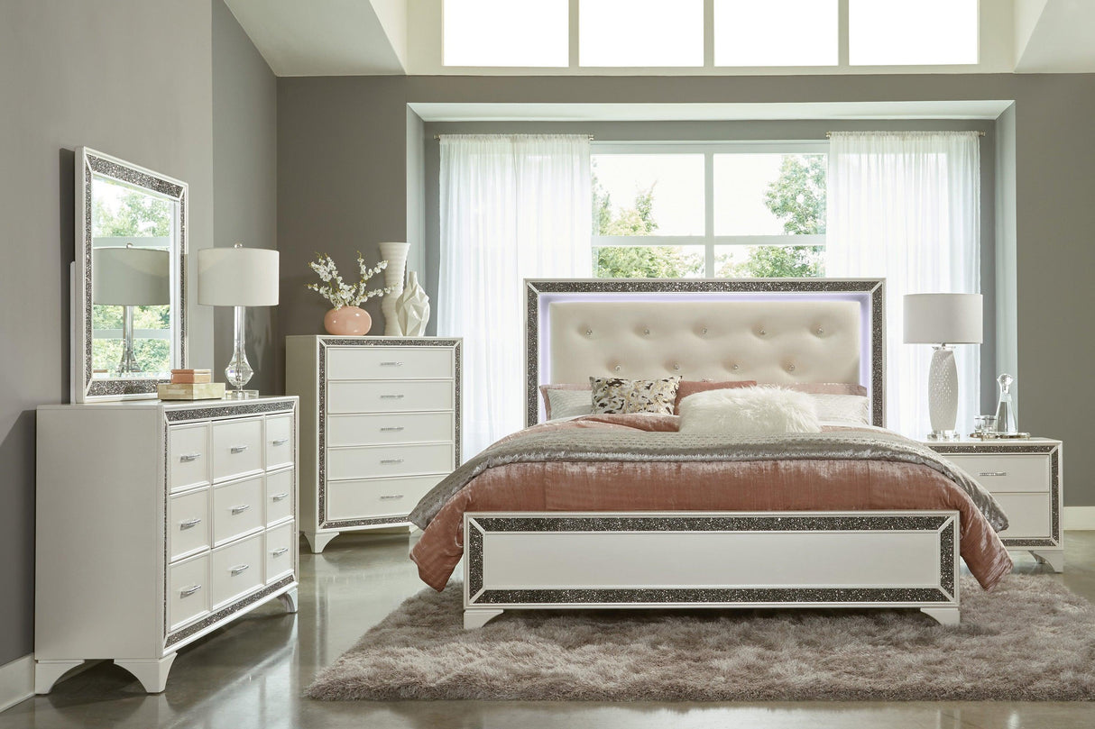 Salon White Queen LED Upholstered Panel Bed by Homelegance at Eve Furniture