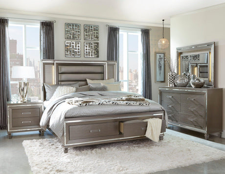 Tamsin Silver/Gray Metallic LED Upholstered Storage Platform Bedroom Set by Homelegance at Eve Furniture